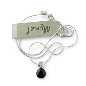 Monet Black Clear Rhinestone Round Pendant Snake Chain Necklace Silvertone